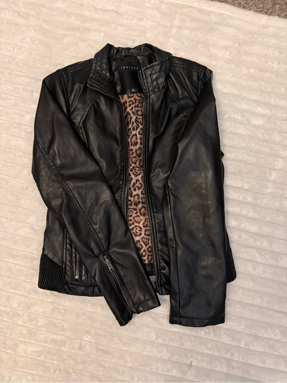 Adrienne Vittadini Black Faux Leather Jacket with Leopard Trim